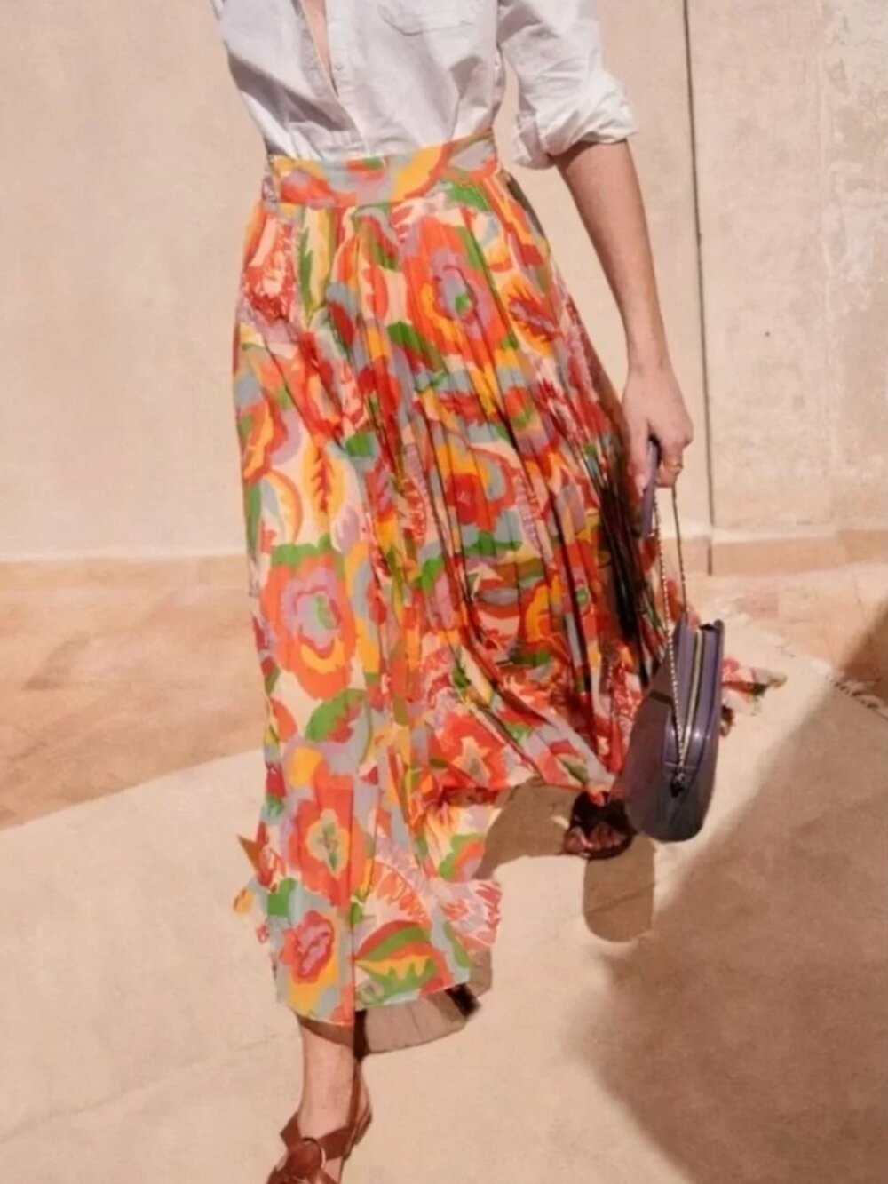Sezane Dilo Midi Skirt Seventies Floral Pleated French Colorful Retro - Picture 3 of 9